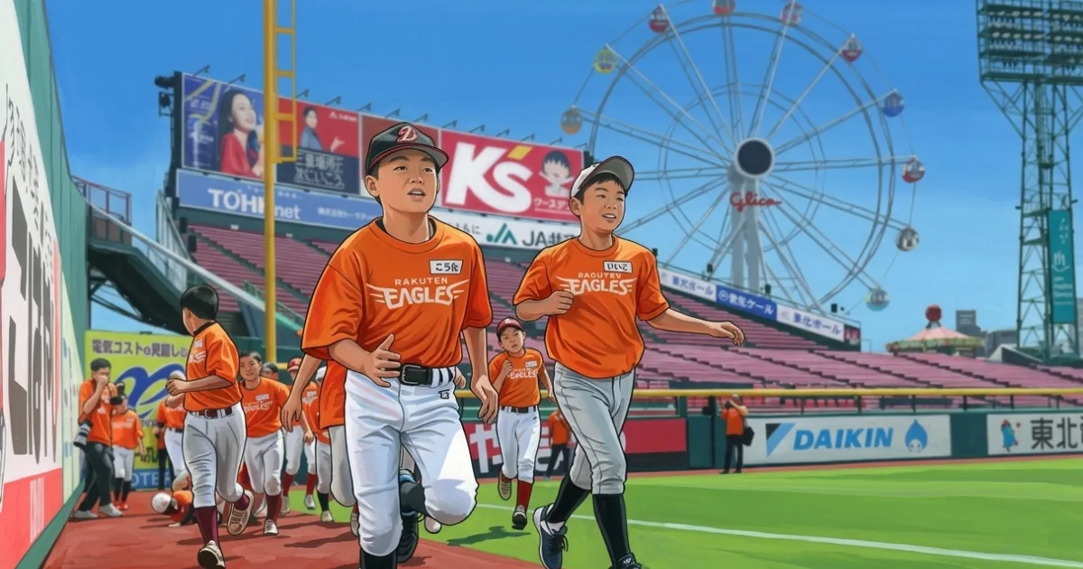 楽天イーグルスの本拠地で野球教室や水遊び満喫 キャンプ地・沖縄県金武町から少年野球チームの小学生を招待