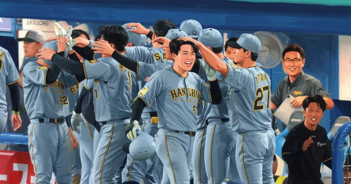 阪神 高寺決勝２ラン直後のベンチが最高！肩を組んで喜び合う→近本、森下、佐藤輝が代走・植田に手荒い祝福 投手の注意引きつけた存在感も要因に