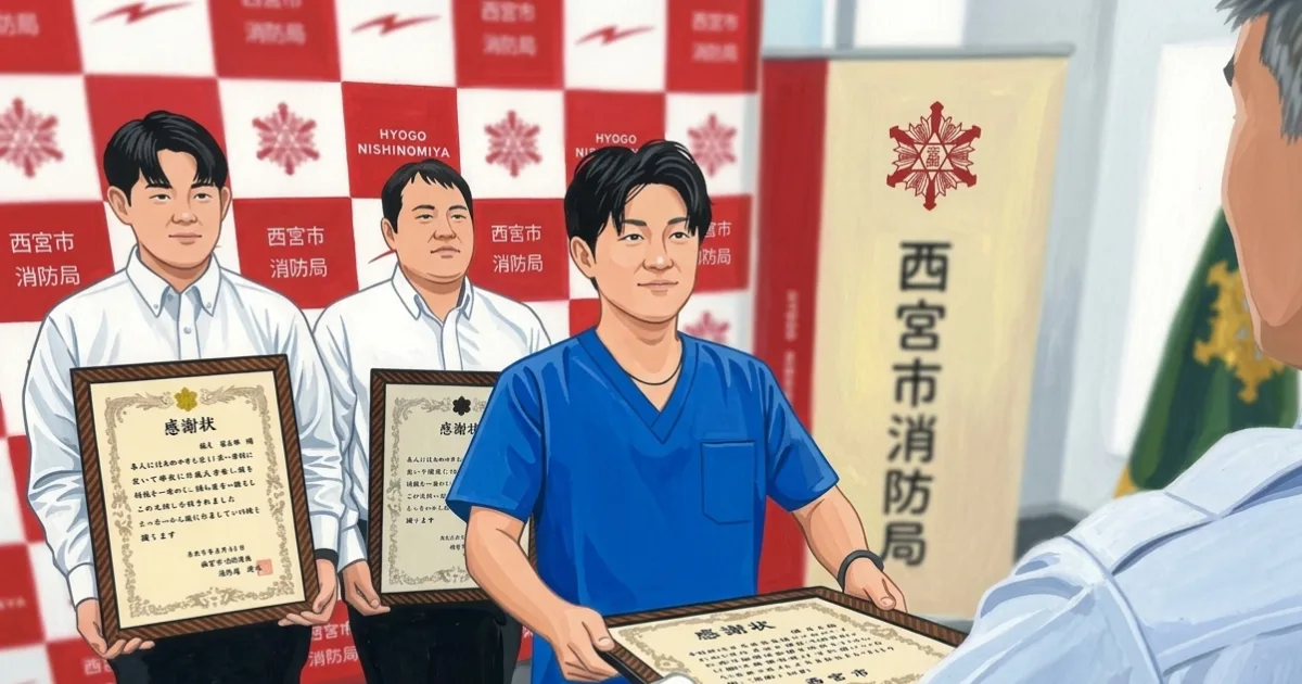 甲子園で野球観戦中に心肺停止、救命活動をした6人を表彰　西宮市消防局